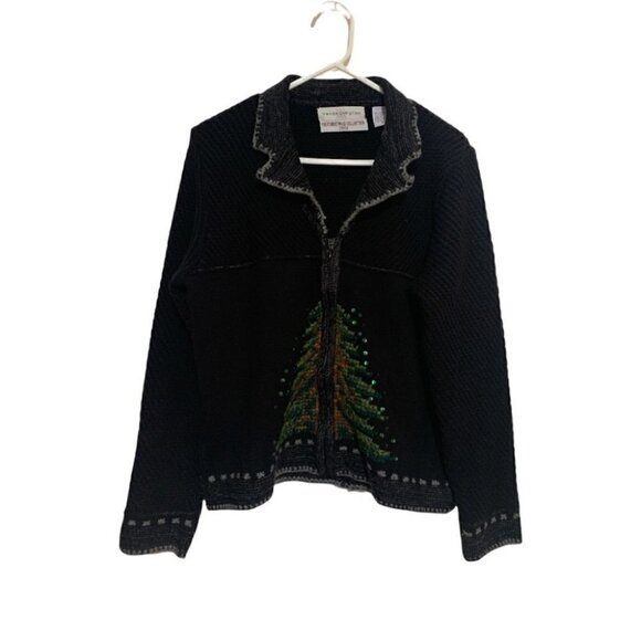 Marisa Christina 2003 Christmas Sweater Zip Cardigan Tree Sequin Holiday M - Picture 1 of 7